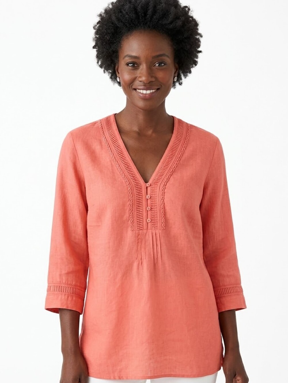 Coldwater Creek Coral Linen Pintuck Tunic Blouse XL